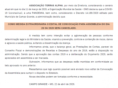 Cancelamento do EDITAL DE CONVOCAÇÃO