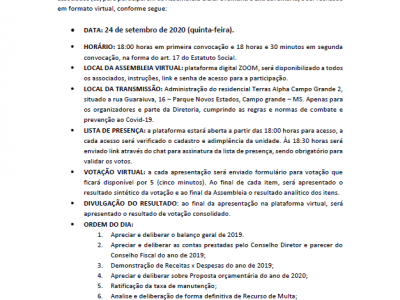 EDITAL DE CONVOCAÇÃO - ASSEMBLEIA  24/09/2020