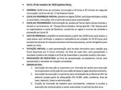 EDITAL DE CONVOCAÇÃO - ASSEMBLEIA  29/10/2020