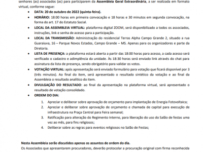 EDITAL DE CONVOCAÇÃO -ASSEMBLEIA 20/10/2022
