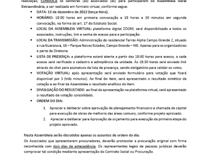 EDITAL DE CONVOCAÇÃO -ASSEMBLEIA 13/12/2022