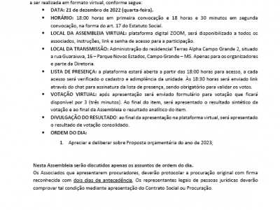 EDITAL DE CONVOCAÇÃO -ASSEMBLEIA 21/12/2022
